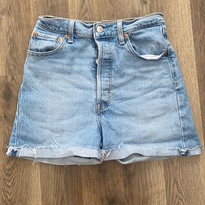 LEVIS Ribcage Straight Cut Off Button Fly Blue Denim Shorts